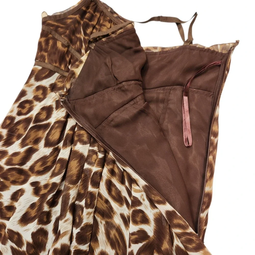 Vintage Y2K I.N.C. Size 4P Small 100% Silk Babydoll Midi Brown Animal Print Bows